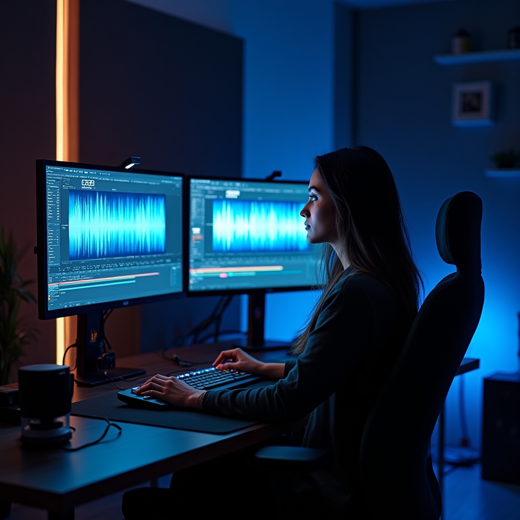 Professional video editing suite with dual monitors showing color grading software