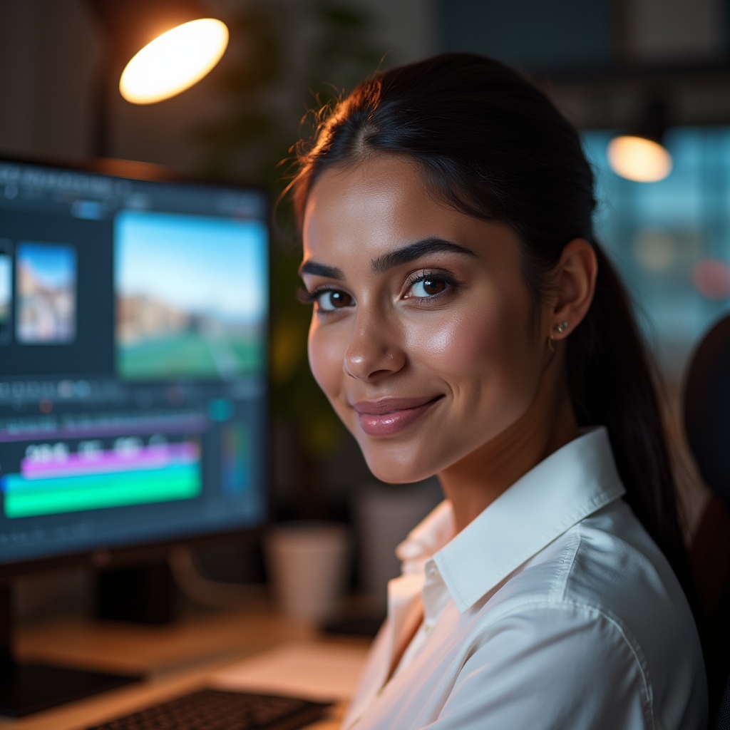 Video editor working on color grading at a professional workstation