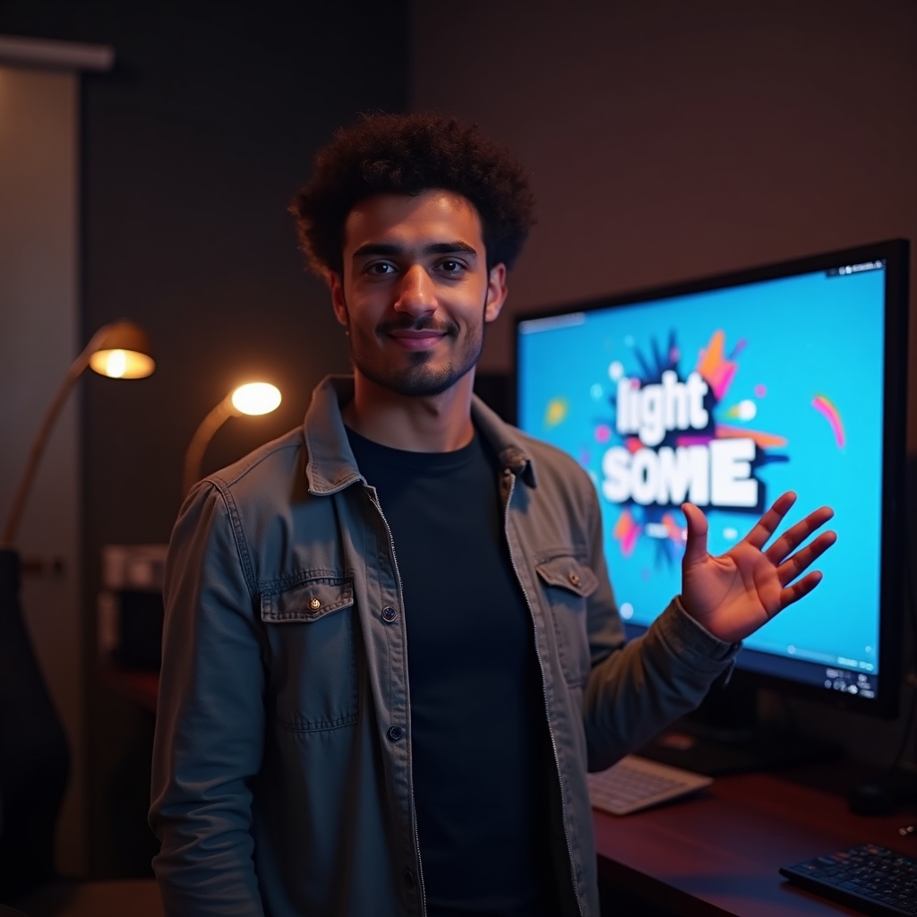 Motion graphics designer creating animated titles on a large screen